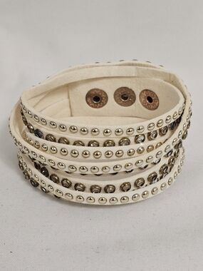 Double Wrap Bracelet Cream Leather Gold Crystals & Silver Crystals Adjustable